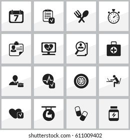 Set Of 16 Editable Mixed Icons. Includes Symbols Such As Biceps, Questionnaire, Identification And More. Can Be Used For Web, Mobile, UI And Infographic Design.