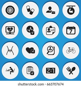 Set Of 16 Editable Mixed Icons. Includes Symbols Such As Cutlery, Result, Heart Rhythm And More. Can Be Used For Web, Mobile, UI And Infographic Design.