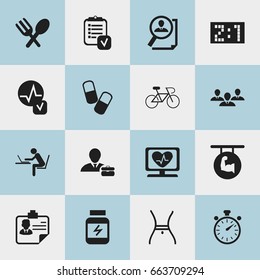 Set Of 16 Editable Mixed Icons. Includes Symbols Such As Drug, Belly, Chronometer And More. Can Be Used For Web, Mobile, UI And Infographic Design.