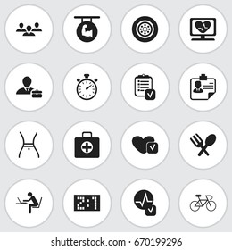 Set Of 16 Editable Mixed Icons. Includes Symbols Such As Heart Rhythm, Questionnaire, Cutlery And More. Can Be Used For Web, Mobile, UI And Infographic Design.