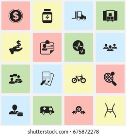 Set Of 16 Editable Mixed Icons. Includes Symbols Such As Dollar, Camion, Identification And More. Can Be Used For Web, Mobile, UI And Infographic Design.