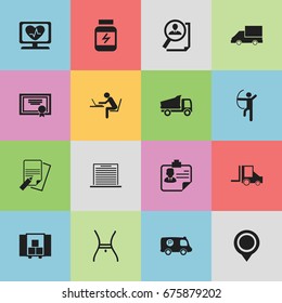 Set Of 16 Editable Mixed Icons. Includes Symbols Such As Delivery, Programmer, Police Vehicle And More. Can Be Used For Web, Mobile, UI And Infographic Design.