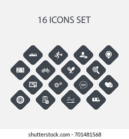 Set Of 16 Editable Mixed Icons. Includes Symbols Such As Tire, Racket, Result And More. Can Be Used For Web, Mobile, UI And Infographic Design.