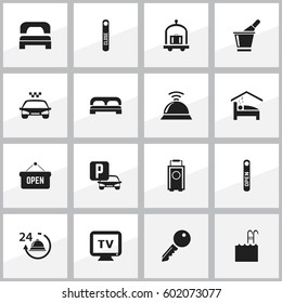 Set Of 16 Editable Motel Icons. Includes Symbols Such As Transport Car, Hotel Trolley, Sleeping And More. Can Be Used For Web, Mobile, UI And Infographic Design.