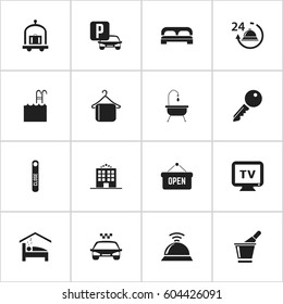 Set Of 16 Editable Motel Icons. Includes Symbols Such As Pool, Service Bell, Hotel Trolley And More. Can Be Used For Web, Mobile, UI And Infographic Design.