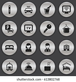 Set Of 16 Editable Motel Icons. Includes Symbols Such As Pool, Female, Bed And More. Can Be Used For Web, Mobile, UI And Infographic Design.
