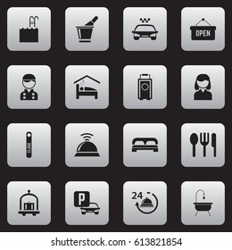Set Of 16 Editable Motel Icons. Includes Symbols Such As Bedroom, Reception, Bed And More. Can Be Used For Web, Mobile, UI And Infographic Design.