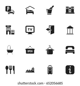 Set Of 16 Editable Motel Icons. Includes Symbols Such As Outlet, Hotel, Entrance And More. Can Be Used For Web, Mobile, UI And Infographic Design.