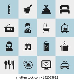 Set Of 16 Editable Motel Icons. Includes Symbols Such As Opened Placard, Hanger, Reception And More. Can Be Used For Web, Mobile, UI And Infographic Design.