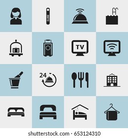 Set Of 16 Editable Motel Icons. Includes Symbols Such As Service Bell, Hostel, Champagne And More. Can Be Used For Web, Mobile, UI And Infographic Design.