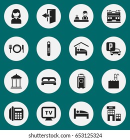 Set Of 16 Editable Motel Icons. Includes Symbols Such As Pool, Entrance, Phone And More. Can Be Used For Web, Mobile, UI And Infographic Design.