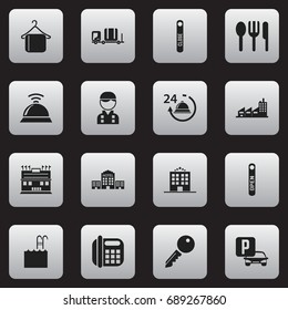 Set Of 16 Editable Motel Icons. Includes Symbols Such As Open Sign, Residence, Townhouse And More. Can Be Used For Web, Mobile, UI And Infographic Design.