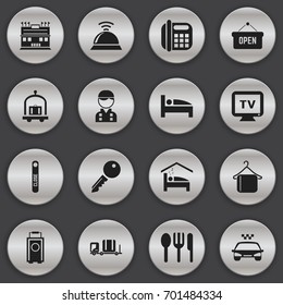 Set Of 16 Editable Motel Icons. Includes Symbols Such As Transport Car, Residence, Bearings And More. Can Be Used For Web, Mobile, UI And Infographic Design.