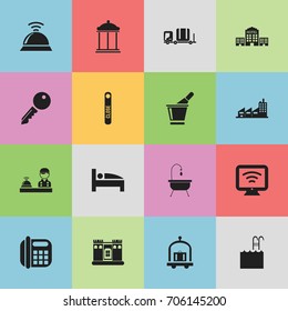 Set Of 16 Editable Motel Icons. Includes Symbols Such As Champagne, Building, Pool And More. Can Be Used For Web, Mobile, UI And Infographic Design.