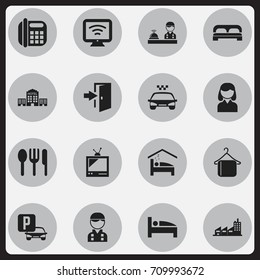 Set Of 16 Editable Motel Icons. Includes Symbols Such As Townhouse, Wireless Tv, Female And More. Can Be Used For Web, Mobile, UI And Infographic Design.