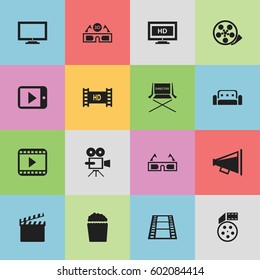 Set Of 16 Editable Movie Icons. Includes Symbols Such As Hd Screen, Hd Tape, Cinema Snack And More. Can Be Used For Web, Mobile, UI And Infographic Design.