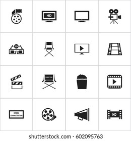 Set Of 16 Editable Movie Icons. Includes Symbols Such As Cinema Snack, Camera Strip, Movie Player And More. Can Be Used For Web, Mobile, UI And Infographic Design.