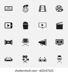 Set Of 16 Editable Movie Icons. Includes Symbols Such As Loudspeaker, Tablet Play, Theater Agency And More. Can Be Used For Web, Mobile, UI And Infographic Design.