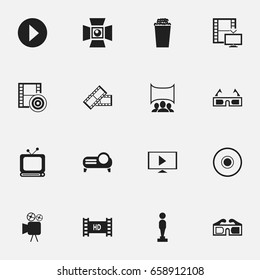 Set Of 16 Editable Movie Icons. Includes Symbols Such As Camcorder, Broadcast, Movie Reel And More. Can Be Used For Web, Mobile, UI And Infographic Design.