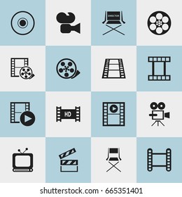 Set Of 16 Editable Movie Icons. Includes Symbols Such As Movie Strip, Camera Tape, Reel And More. Can Be Used For Web, Mobile, UI And Infographic Design.