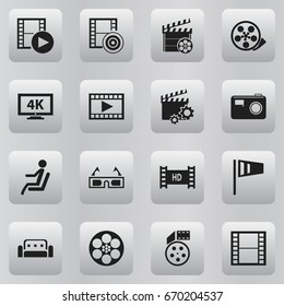 Set Of 16 Editable Movie Icons. Includes Symbols Such As Hd Tape, Pennant, Photographing And More. Can Be Used For Web, Mobile, UI And Infographic Design.
