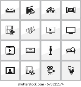 Set Of 16 Editable Movie Icons. Includes Symbols Such As Theater Agency, Clapperboard, Hd Tape And More. Can Be Used For Web, Mobile, UI And Infographic Design.