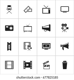 Set Of 16 Editable Movie Icons. Includes Symbols Such As Coupon, Clapper, Movie Reel And More. Can Be Used For Web, Mobile, UI And Infographic Design.