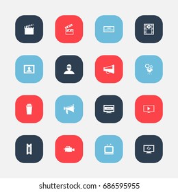 Set Of 16 Editable Movie Icons. Includes Symbols Such As Display, Play Video, Tv And More. Can Be Used For Web, Mobile, UI And Infographic Design.