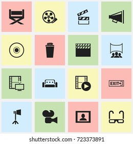 Set Of 16 Editable Movie Icons. Includes Symbols Such As Episode, Camcorder, Screen And More. Can Be Used For Web, Mobile, UI And Infographic Design.