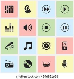 Set Of 16 Editable Mp3 Icons. Includes Symbols Such As Snare, Microphone, Media Fm And More. Can Be Used For Web, Mobile, UI And Infographic Design.