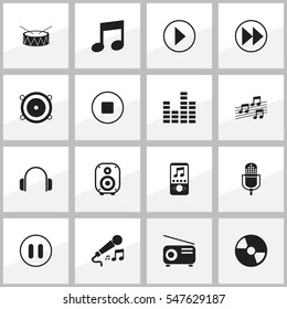 Set Of 16 Editable Mp3 Icons. Includes Symbols Such As Disc, Bass Speakers, Bar Wave And More. Can Be Used For Web, Mobile, UI And Infographic Design.