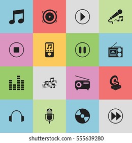 Set Of 16 Editable Mp3 Icons. Includes Symbols Such As Phonograph, Rewind, Cassette Player And More. Can Be Used For Web, Mobile, UI And Infographic Design.