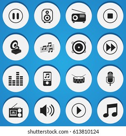 Set Of 16 Editable Mp3 Icons. Includes Symbols Such As Break Music, Bar Wave, Snare And More. Can Be Used For Web, Mobile, UI And Infographic Design.