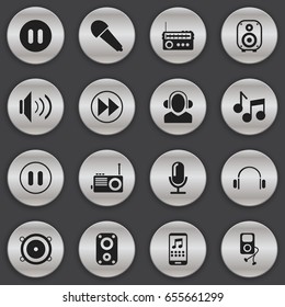 Set Of 16 Editable Mp3 Icons. Includes Symbols Such As Audio Note, Musical Gadget, Volume And More. Can Be Used For Web, Mobile, UI And Infographic Design.