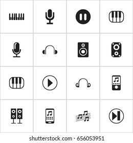 Set Of 16 Editable Mp3 Icons. Includes Symbols Such As Earpiece, Musical Sign, Music Speaker And More. Can Be Used For Web, Mobile, UI And Infographic Design.