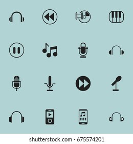 Set Of 16 Editable Mp3 Icons. Includes Symbols Such As Smartphone, Journalism Equipment, Synthesizer And More. Can Be Used For Web, Mobile, UI And Infographic Design.