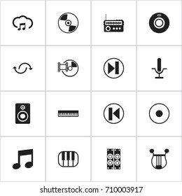 Set Of 16 Editable Mp3 Icons. Includes Symbols Such As Compact Disk, Radio Mike, Piano And More. Can Be Used For Web, Mobile, UI And Infographic Design.
