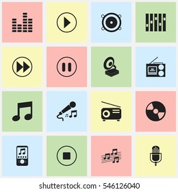 Set Of 16 Editable Multimedia Icons. Includes Symbols Such As Karaoke, Disc, Music And More. Can Be Used For Web, Mobile, UI And Infographic Design.