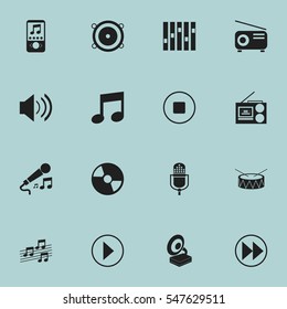 Set Of 16 Editable Multimedia Icons. Includes Symbols Such As Microphone, Karaoke, Musical Sign And More. Can Be Used For Web, Mobile, UI And Infographic Design.