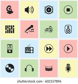 Set Of 16 Editable Multimedia Icons. Includes Symbols Such As Musical Sign, Rewind, Sound And More. Can Be Used For Web, Mobile, UI And Infographic Design.