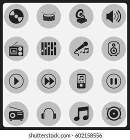 Set Of 16 Editable Multimedia Icons. Includes Symbols Such As Stop, Sound, Music And More. Can Be Used For Web, Mobile, UI And Infographic Design.