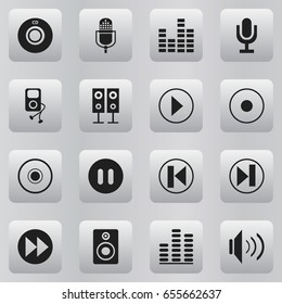 Set Of 16 Editable Multimedia Icons. Includes Symbols Such As Cd, Microphone, Forward And More. Can Be Used For Web, Mobile, UI And Infographic Design.