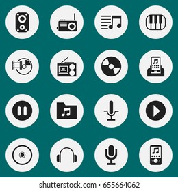 Set Of 16 Editable Multimedia Icons. Includes Symbols Such As Playlist, Cassette Player, Vinyl And More. Can Be Used For Web, Mobile, UI And Infographic Design.