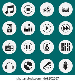 Set Of 16 Editable Multimedia Icons. Includes Symbols Such As Microphone, Rewind, Music Phone And More. Can Be Used For Web, Mobile, UI And Infographic Design.