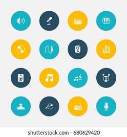 Set Of 16 Editable Multimedia Icons. Includes Symbols Such As Piano, Tone, Sound Amplifier And More. Can Be Used For Web, Mobile, UI And Infographic Design.