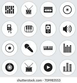 Set Of 16 Editable Multimedia Icons. Includes Symbols Such As Mp3 Player, Rec, Equalizer And More. Can Be Used For Web, Mobile, UI And Infographic Design.