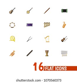 Set of 16 editable music icons flat style. Includes symbols such as french horn, guitar, clarinet and more. Can be used for web, mobile, UI and infographic design.