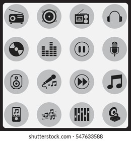 Set Of 16 Editable Music Icons. Includes Symbols Such As Bar Wave, Media Fm, Speaker And More. Can Be Used For Web, Mobile, UI And Infographic Design.