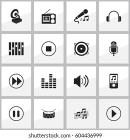 Set Of 16 Editable Music Icons. Includes Symbols Such As Phonograph, Karaoke, Rewind And More. Can Be Used For Web, Mobile, UI And Infographic Design.