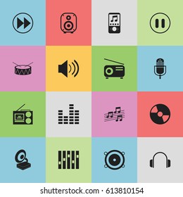 Set Of 16 Editable Music Icons. Includes Symbols Such As Media Fm, Rewind, Microphone And More. Can Be Used For Web, Mobile, UI And Infographic Design.